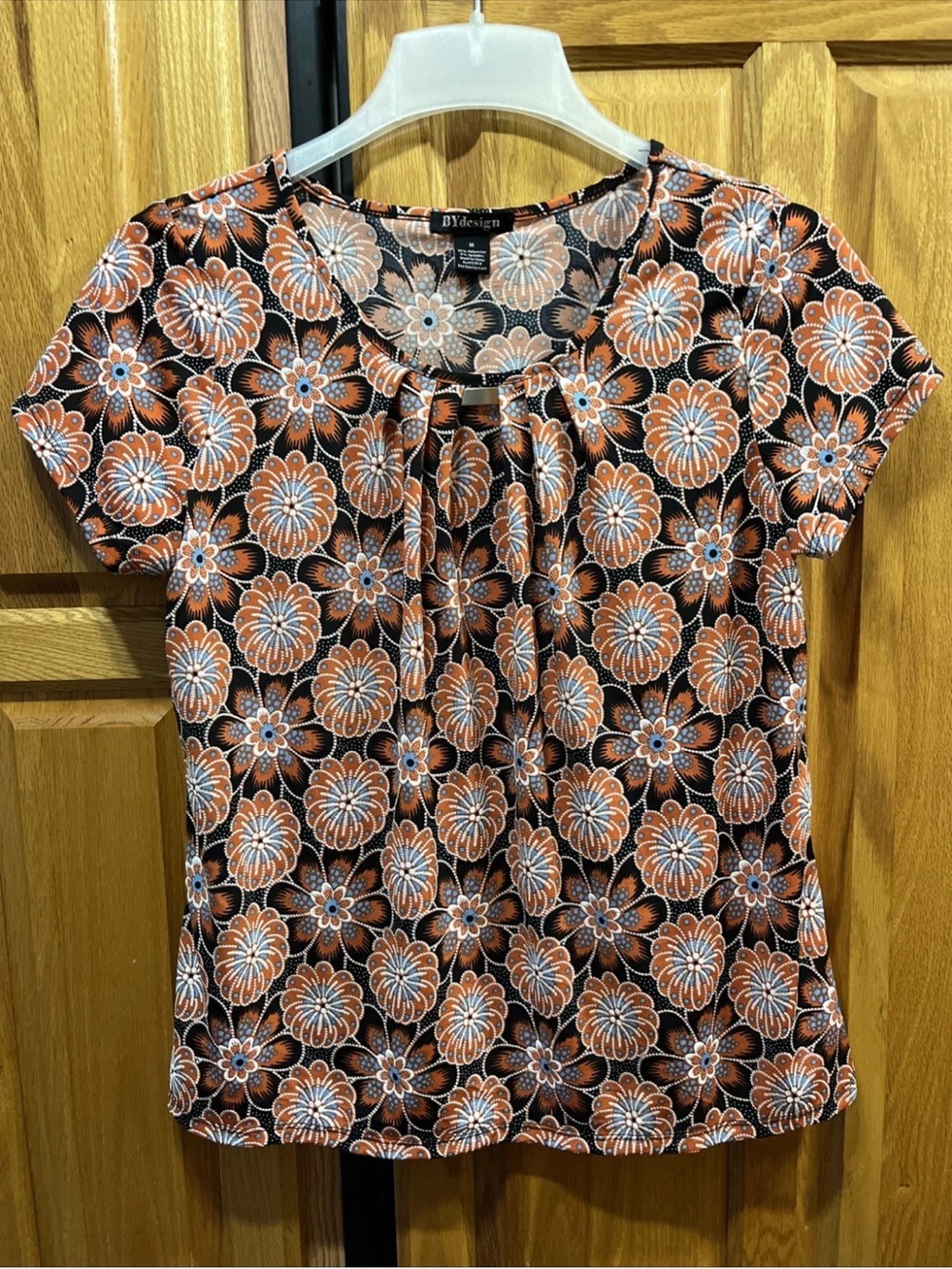 By Design Floral Print Short Sleeve Top - Orange/Black